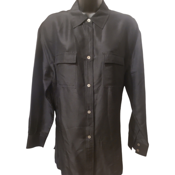 100% Silk Black Button up Oversized Medium Shacket top Vintage EUC - Picture 2 of 8